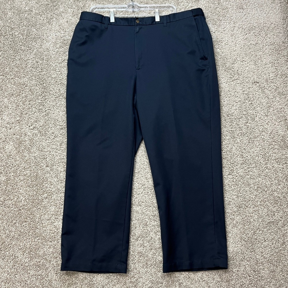 Haggar Dress Pants Mens 42x29 Navy Blue Flat Front Hidden Stretch Waistband EUC